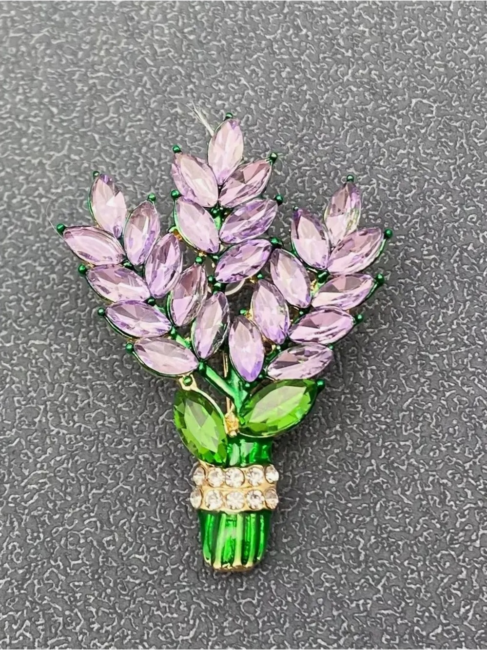 Elegant Lavender Bouquet Crystal Brooch Green and Purple NWT